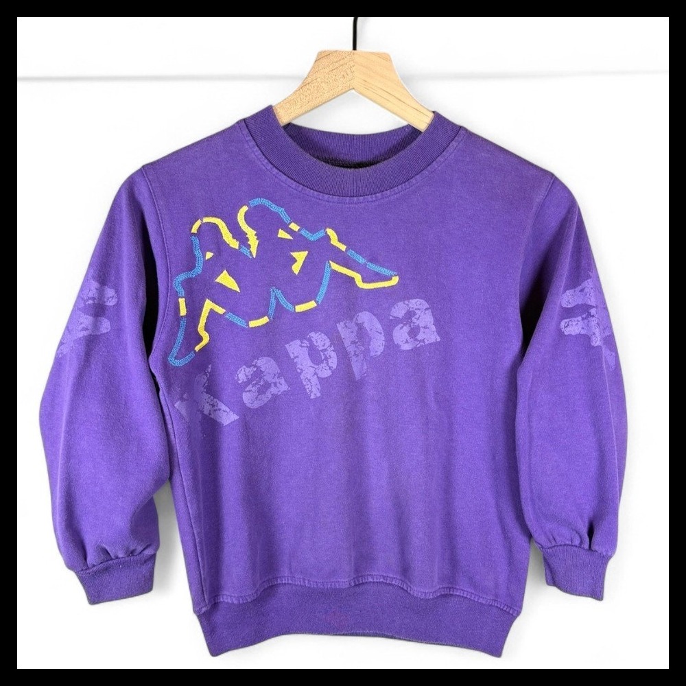 Vintage Kappa Sweatshirt Kids 130 Purple Embroidered Logo Crewneck Pullover 90s